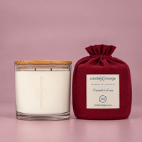 Coconut & Lime 1.5kg Soy Candle in a glass container with timber lid and burgundy fabric gift bag