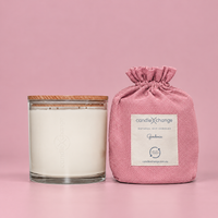 Gardenia 1.5kg Soy Candle in a glass container with timber lid and dusty pink fabric gift bag