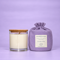 Lavender & Rose 300g Soy Candle in a glass container with timber lid and lavender purple fabric gift bag