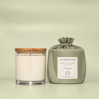 Lemongrass 300g Soy Candle in a glass container with timber lid and sage green fabric gift bag