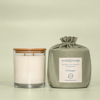 Lemongrass 400g Soy Candle in a glass container with timber lid and sage green fabric gift bag