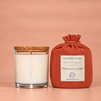 Mandarin, Lime & Basil 300g Soy Candle in a glass container with timber lid and burnt orange fabric gift bag