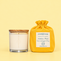Australian Florals 300g Soy Candle in a glass container with timber lid and mustard yellow fabric gift bag