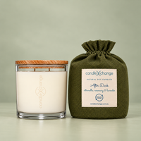 Citronella, Lavender & Rosemary 1.5kg Soy Candle in a glass container with timber lid and olive green fabric gift bag
