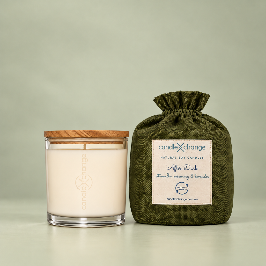 Citronella, Lavender & Rosemary 300g Soy Candle in a glass container with timber lid and olive green fabric gift bag