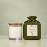 Citronella, Lavender & Rosemary 400g Soy Candle in a glass container with timber lid and olive green fabric gift bag