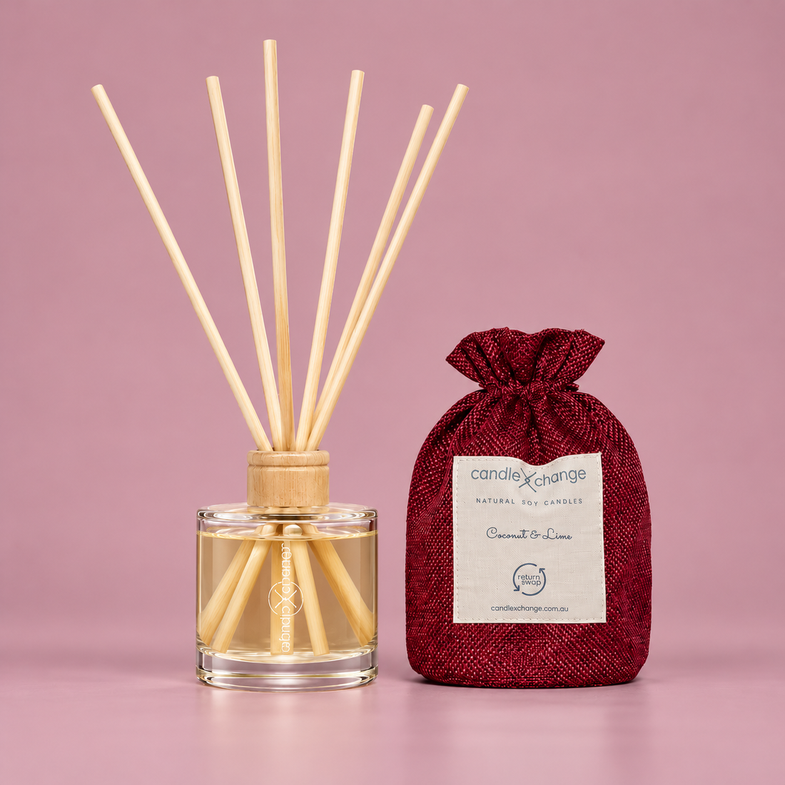 Coconut & Lime 200ml Diffuser with natural reeds and burgundy fabric gift bag