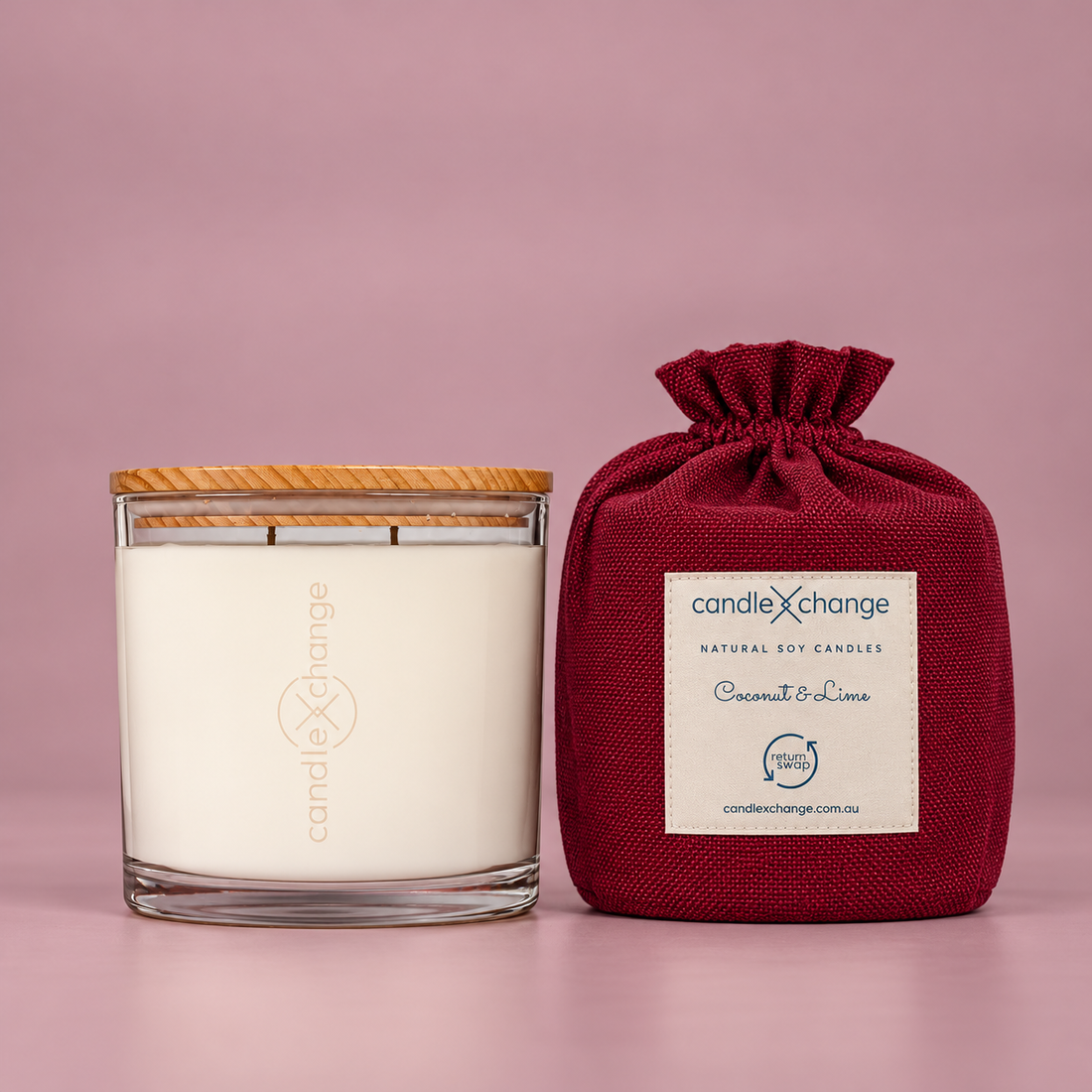 Coconut & Lime 1.5kg Soy Candle in a glass container with timber lid and burgundy fabric gift bag