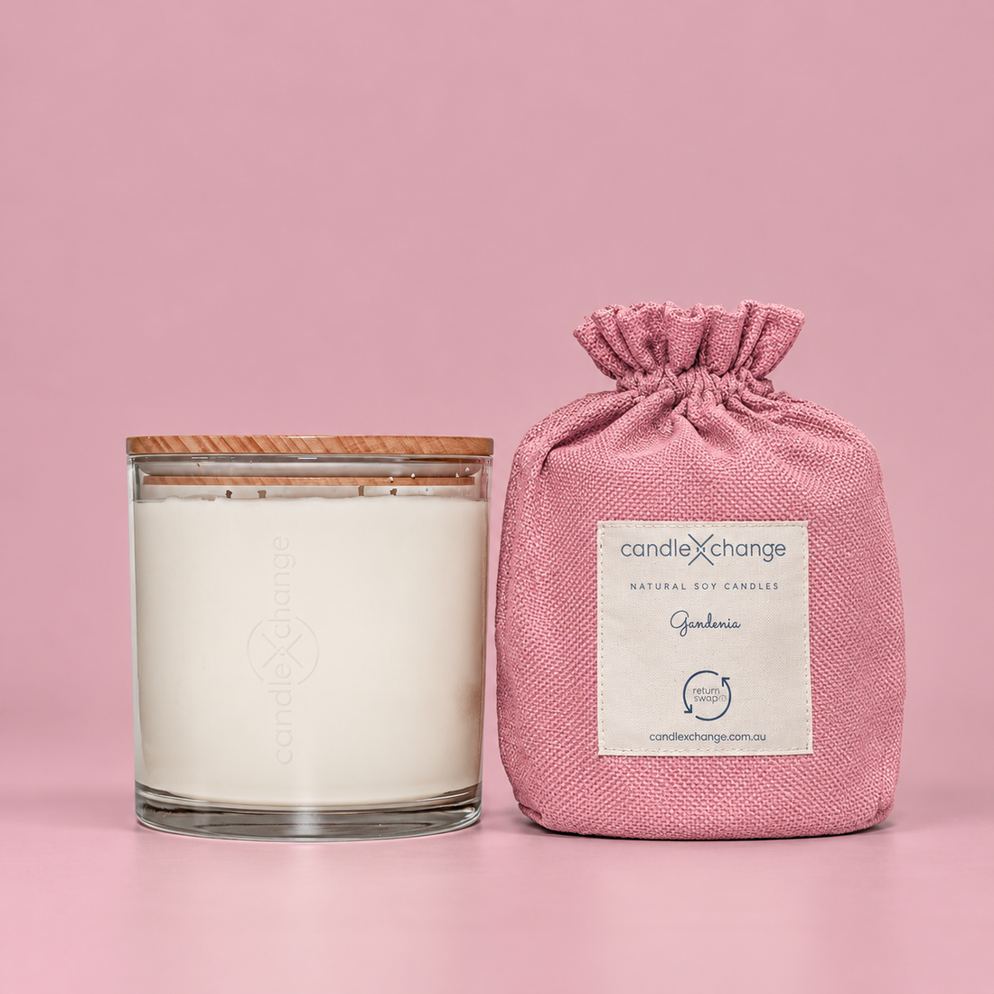 Gardenia 1.5kg Soy Candle in a glass container with timber lid and dusty pink fabric gift bag