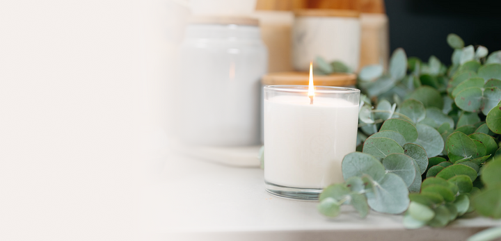 CandleXchange soy candle in kitchen with australian eucalyptus leaves