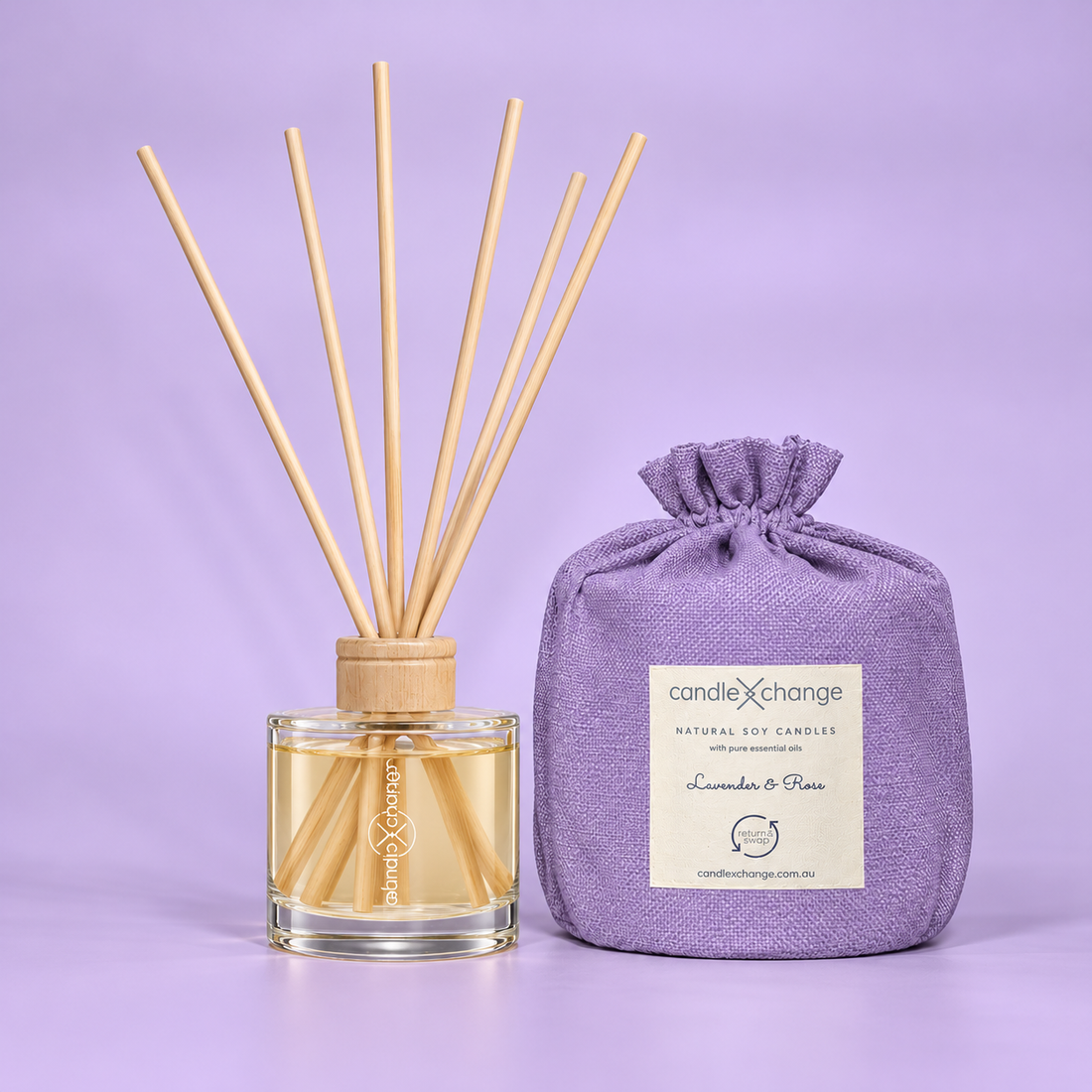 Lavender & Rose 200ml Diffuser with natural reeds and lavender purple fabric gift bag