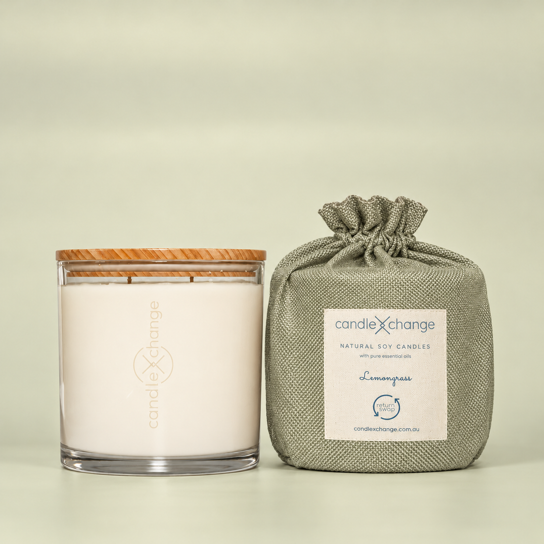 Lemongrass 1.5kg Soy Candle in a glass container with timber lid and sage green fabric gift bag