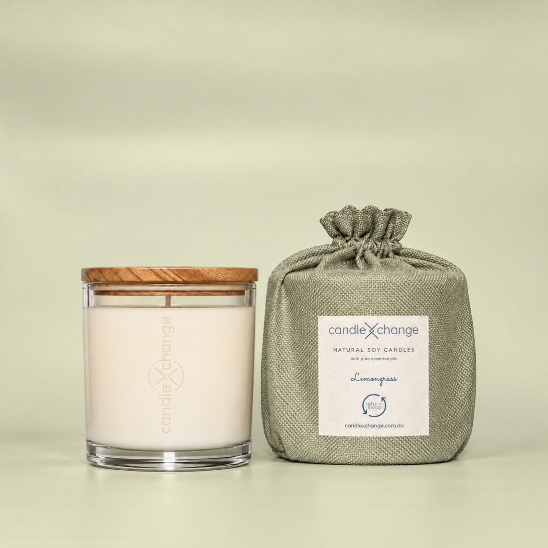 Lemongrass 300g Soy Candle in a glass container with timber lid and sage green fabric gift bag
