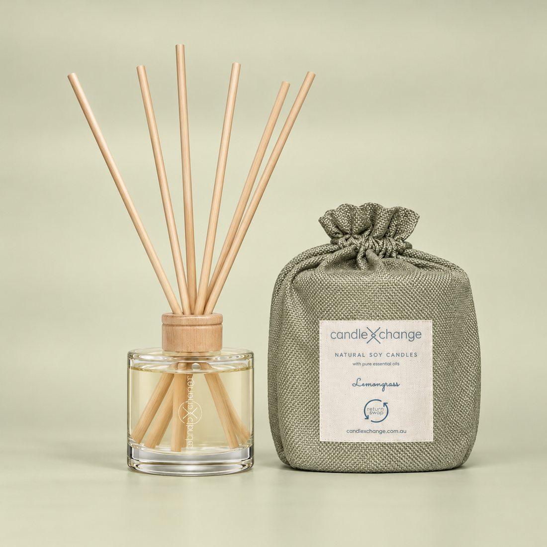 Lemongrass 200ml Diffuser with natural reeds and sage green fabric gift bag