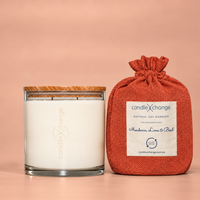 Mandarin, Lime & Basil 1.5kg Soy Candle in a glass container with timber lid and burnt orange fabric gift bag