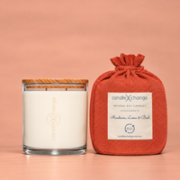 Mandarin, Lime & Basil 400g Soy Candle in a glass container with timber lid and burnt orange fabric gift bag