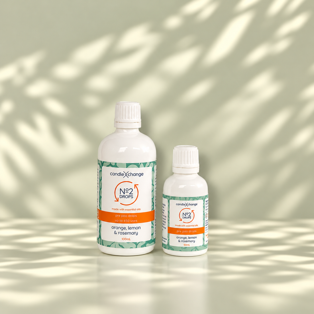 One 100ml bottle and one 30ml bottle of CandleXchange No 2 Drops, orange, lemon & rosemary