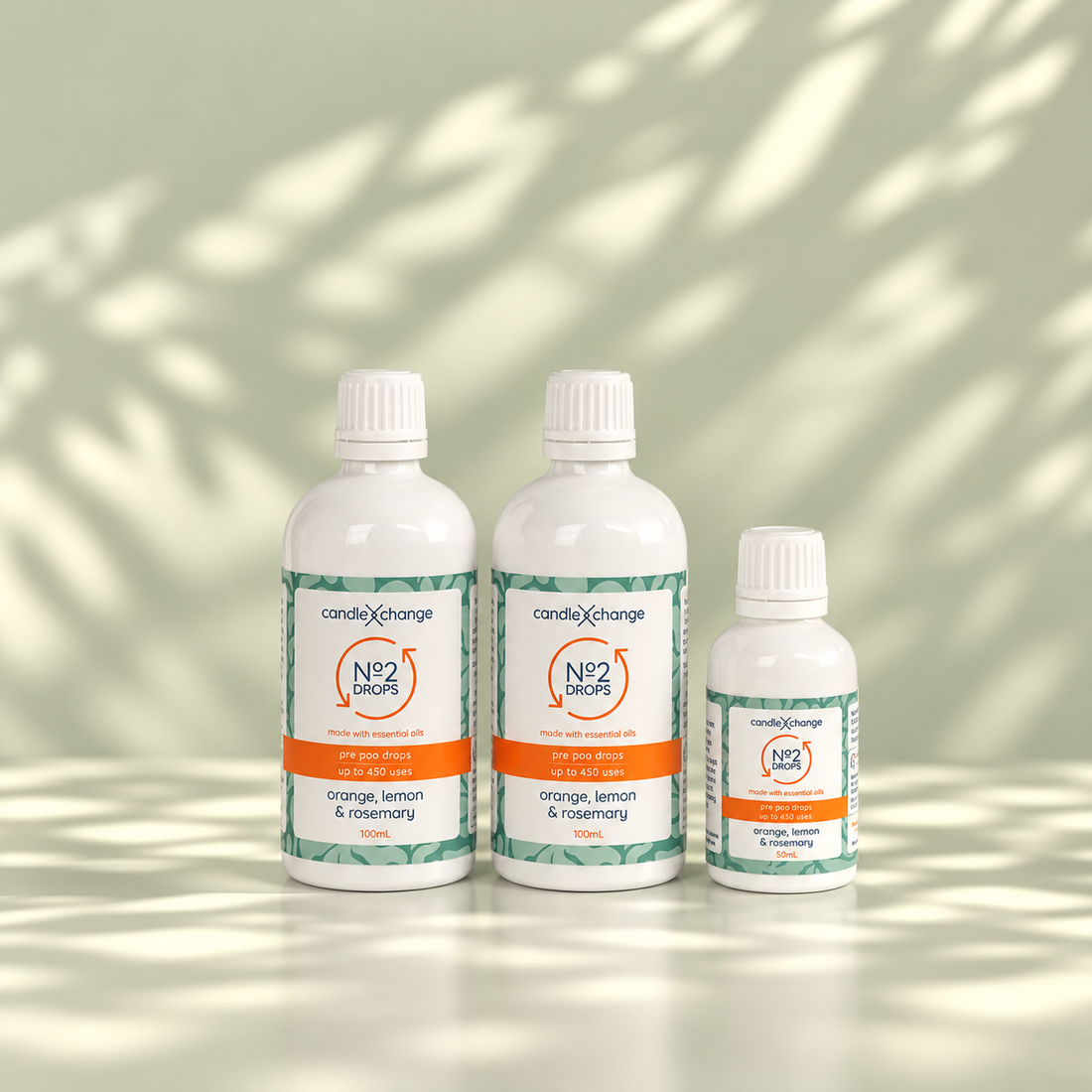 Two 100ml bottles and one 30ml bottle of CandleXchange No 2 Drops, orange, lemon & rosemary