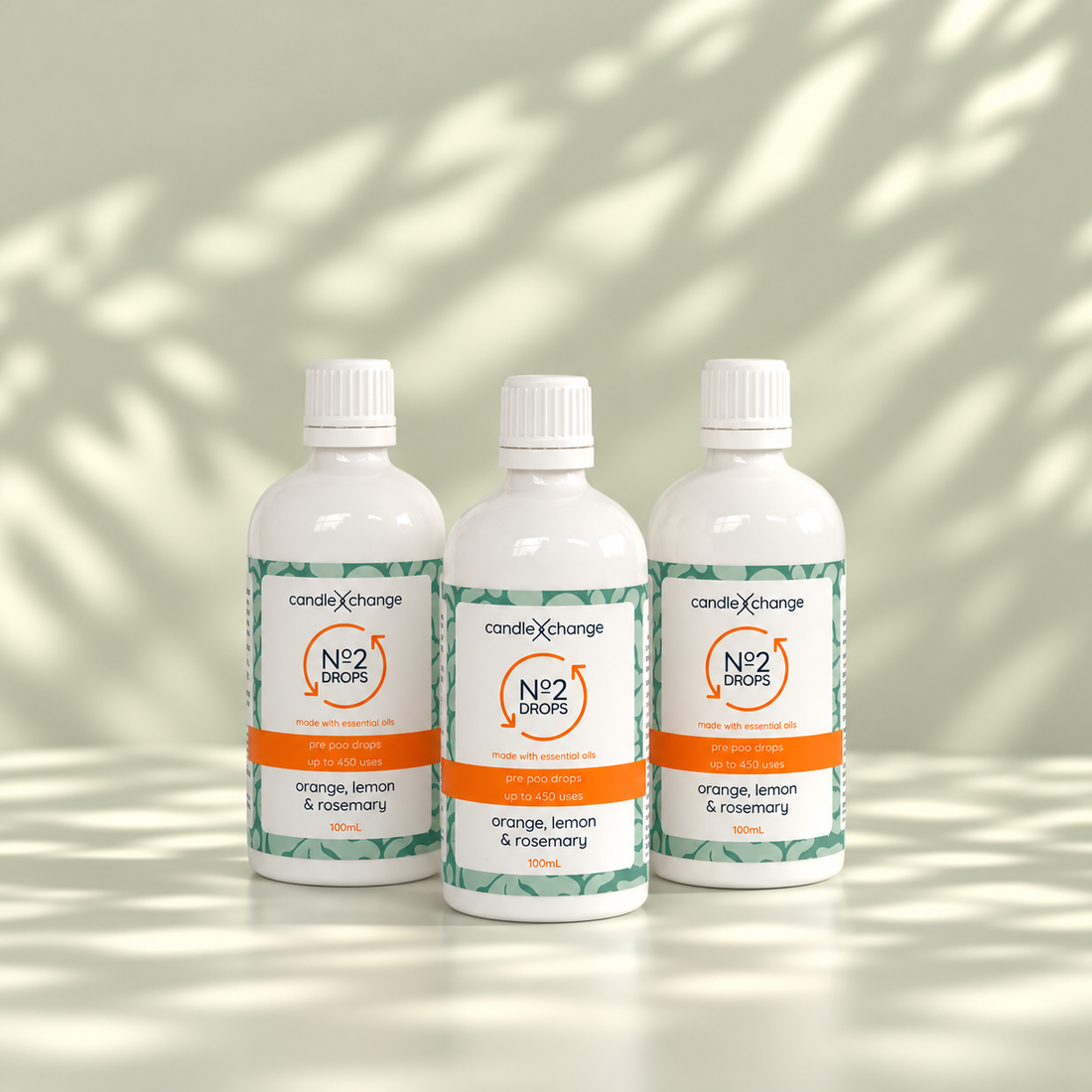 Three 100ml bottles of CandleXchange No 2 Drops, orange, lemon & rosemary