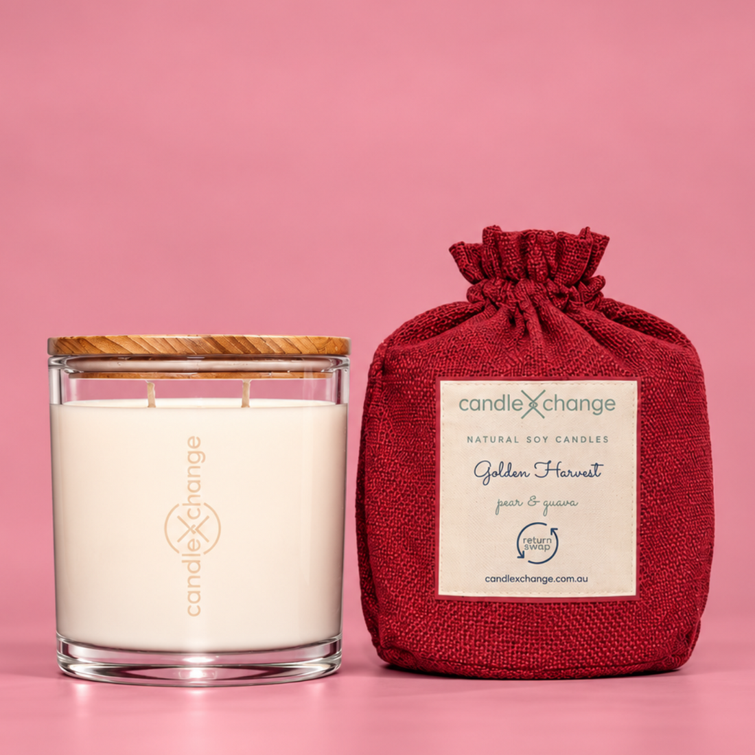 Pear & Guava 1.5kg Soy Candle in a glass container with timber lid and red fabric gift bag