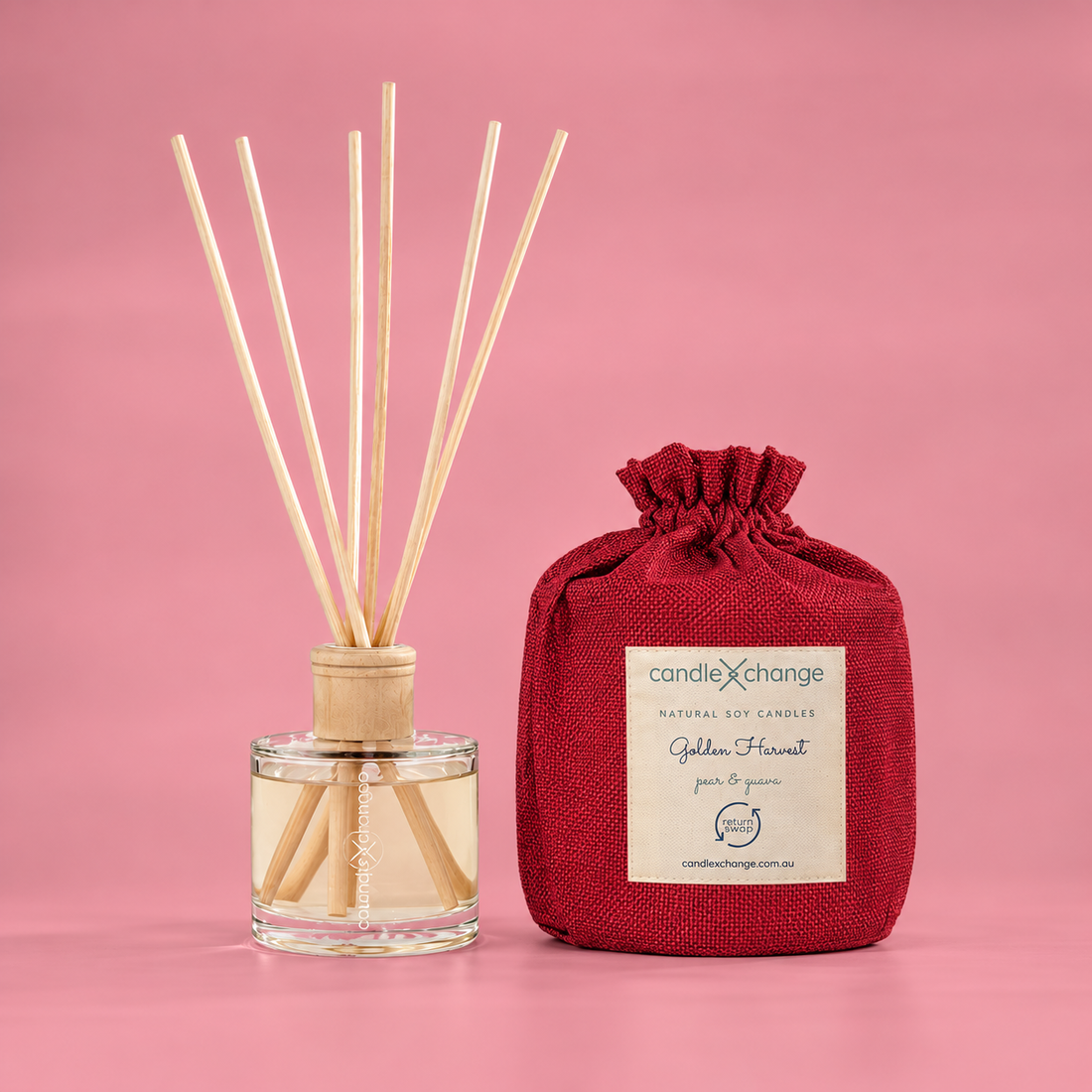 Pear & Guava 200ml Diffuser with natural reeds and red fabric gift bag