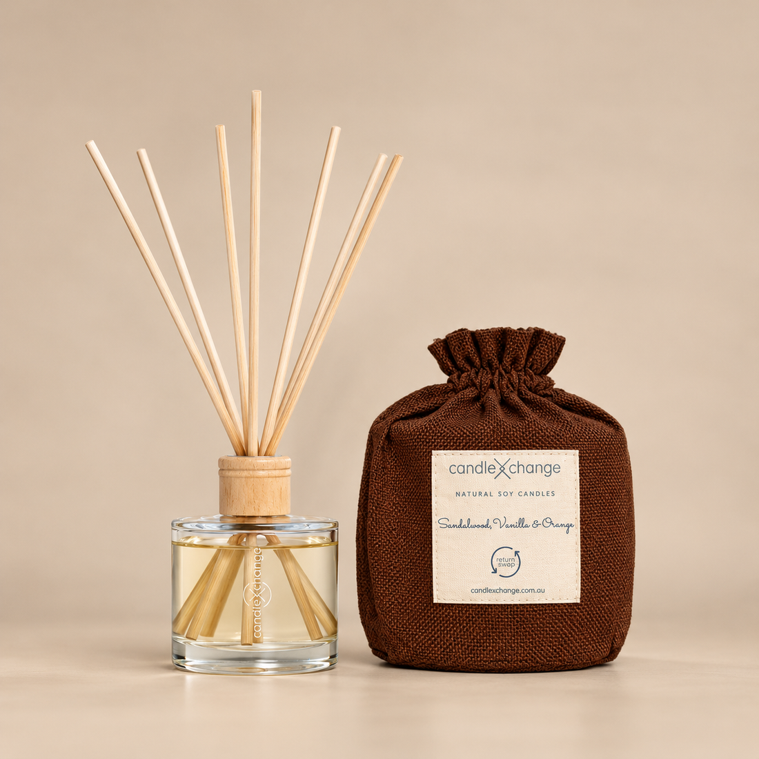 Sandalwood, Orange & Vanilla 200ml Diffuser with natural reeds and chocolate brown fabric gift bag